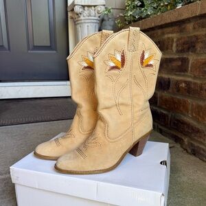 Rampage Women's Tan Western Booties with Embroidered Detail